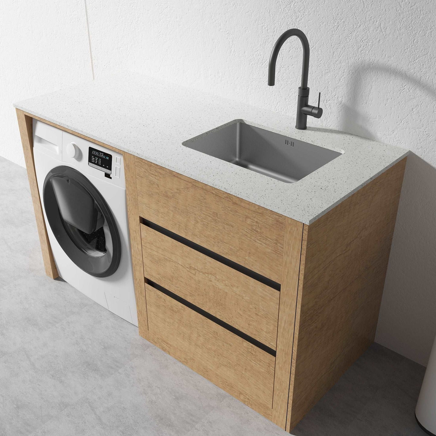 1300MM PLYWOOD LAUNDRY STATION | HONEY OAK | STONE BENCTOP | STAINLESS STEEL SINK