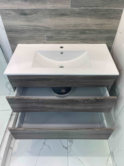 900MM SONOMA OAK GREY SINGLE BOWL WALLHUNG VANITY WITH CERAMIC TOP