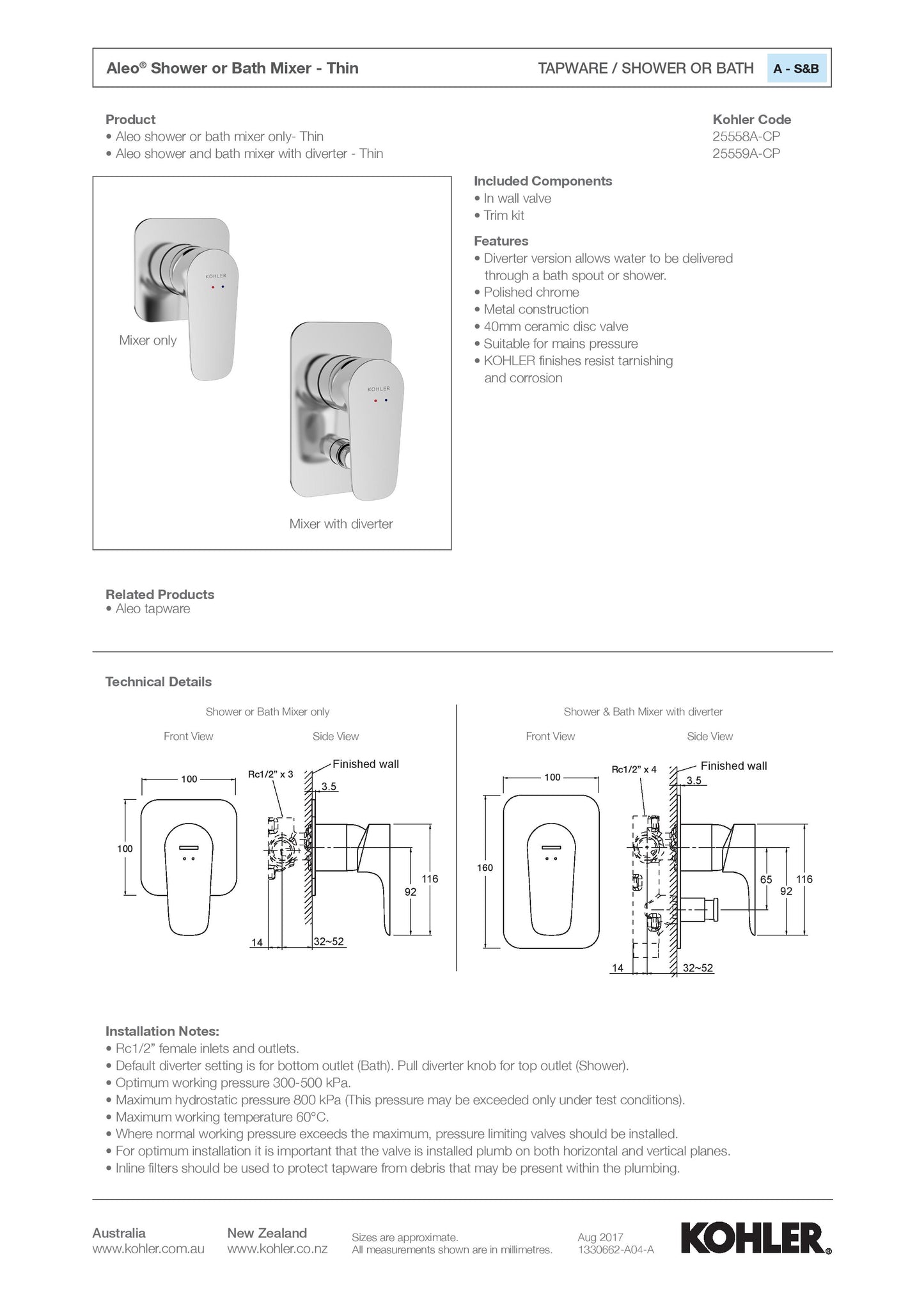 KOHLER ALEO BATH/SHOWER MIXER SLIM TRIM 25558A-CP