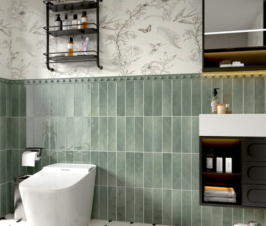 OLIVE GREEN SUBWAY CERAMIC TILES  75X300MM - $59/SQM