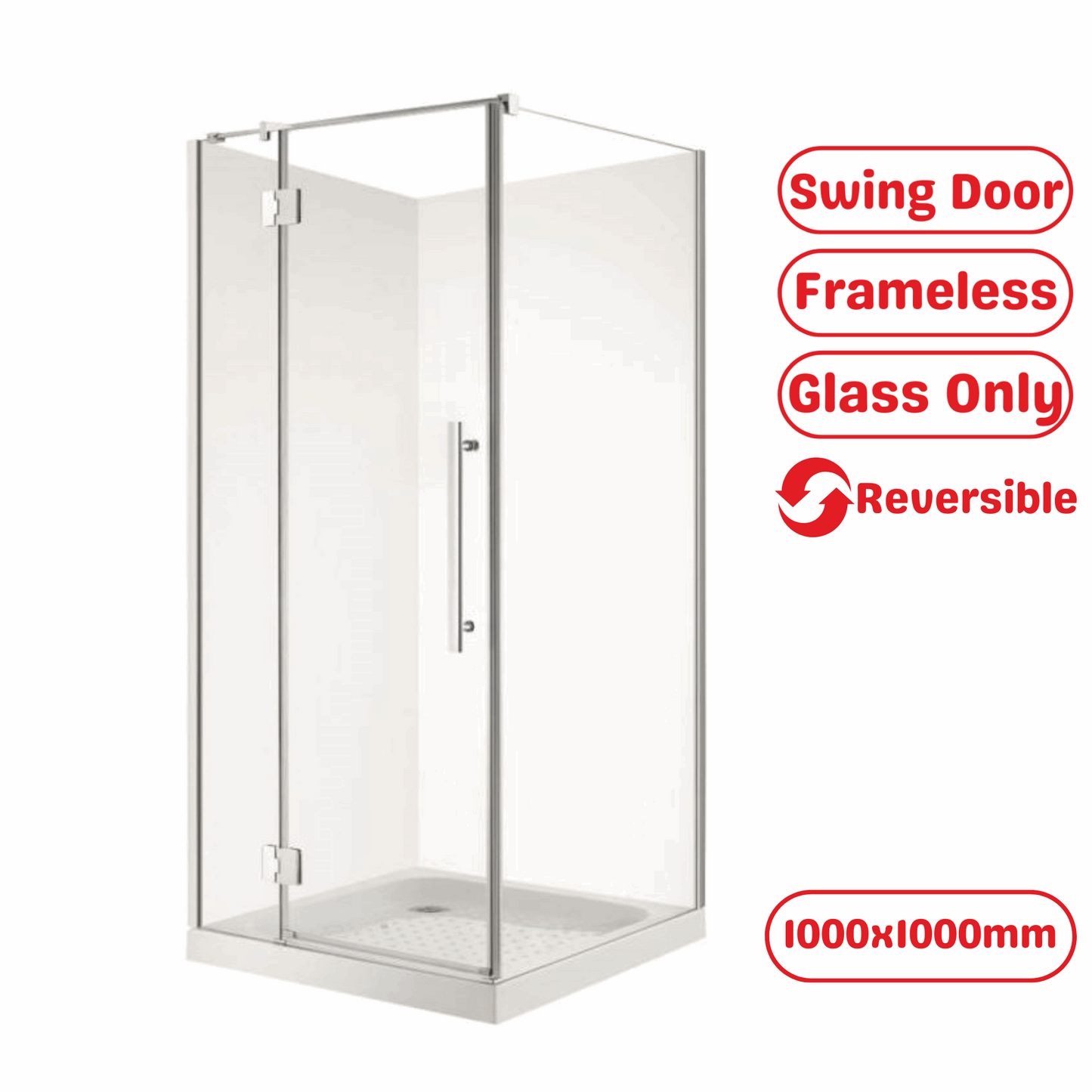 1000X1000MM FRAMELESS SHOWER GLASS WITH SWING DOOR