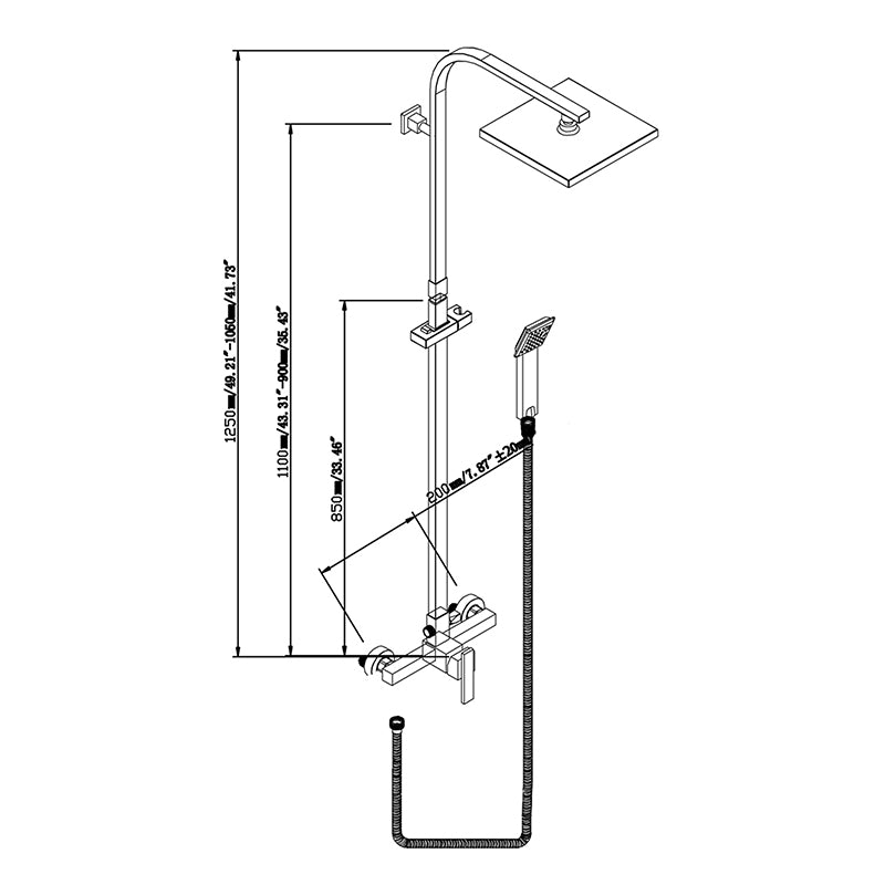 FUSION SQUARE RAIN SHOWER SET WITH OUTER MIXER - MATTE BLACK