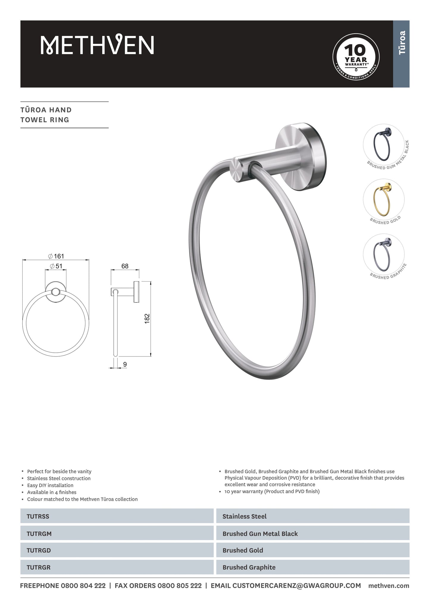 METHVEN TUROA HAND TOWEL RING - BRUSHED BRASS