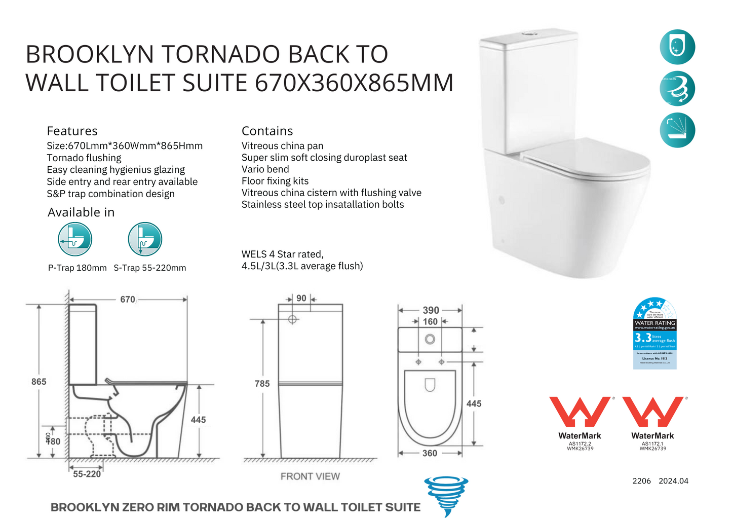 BROOKLYN ZERO RIM TORNADO TOILET SUITE 670X360X865