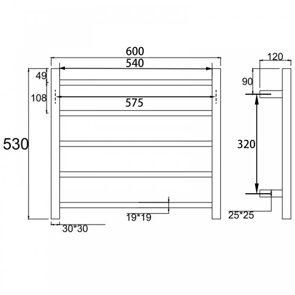 5 BAR SQUARE HEATED TOWEL RAIL - MATTE BLACK 530H*600W*120D