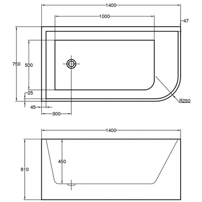 1400MM LEFT CORNER BACK TO WALL FREESTANDING BATH