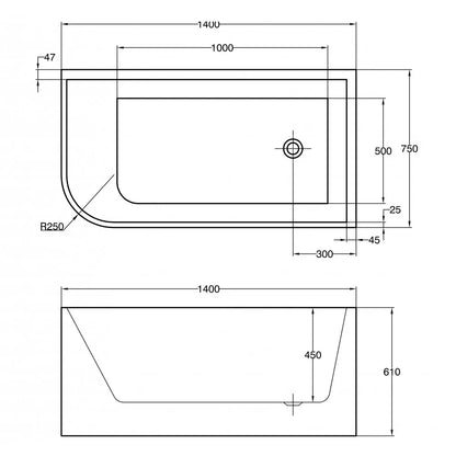 1400MM RIGHT CORNER BACK TO WALL FREESTANDING BATH