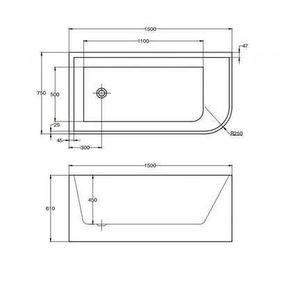 1500MM LEFT CORNER BACK TO WALL FREESTANDING BATH