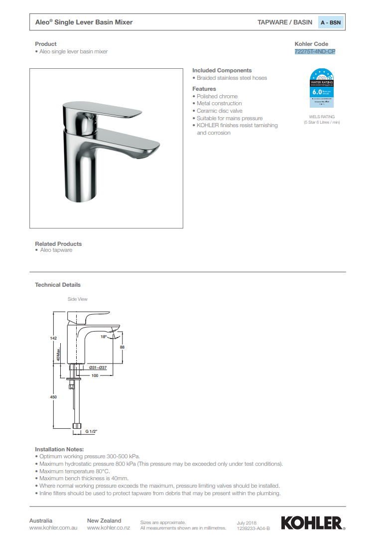 KOHLER ALEO SINGLE LEVER BASIN MIXER 142MM POLISHED CHROME 72275T-4ND-CP