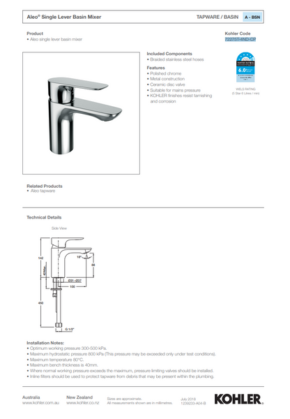 KOHLER ALEO SINGLE LEVER BASIN MIXER 142MM POLISHED CHROME 72275T-4ND-CP