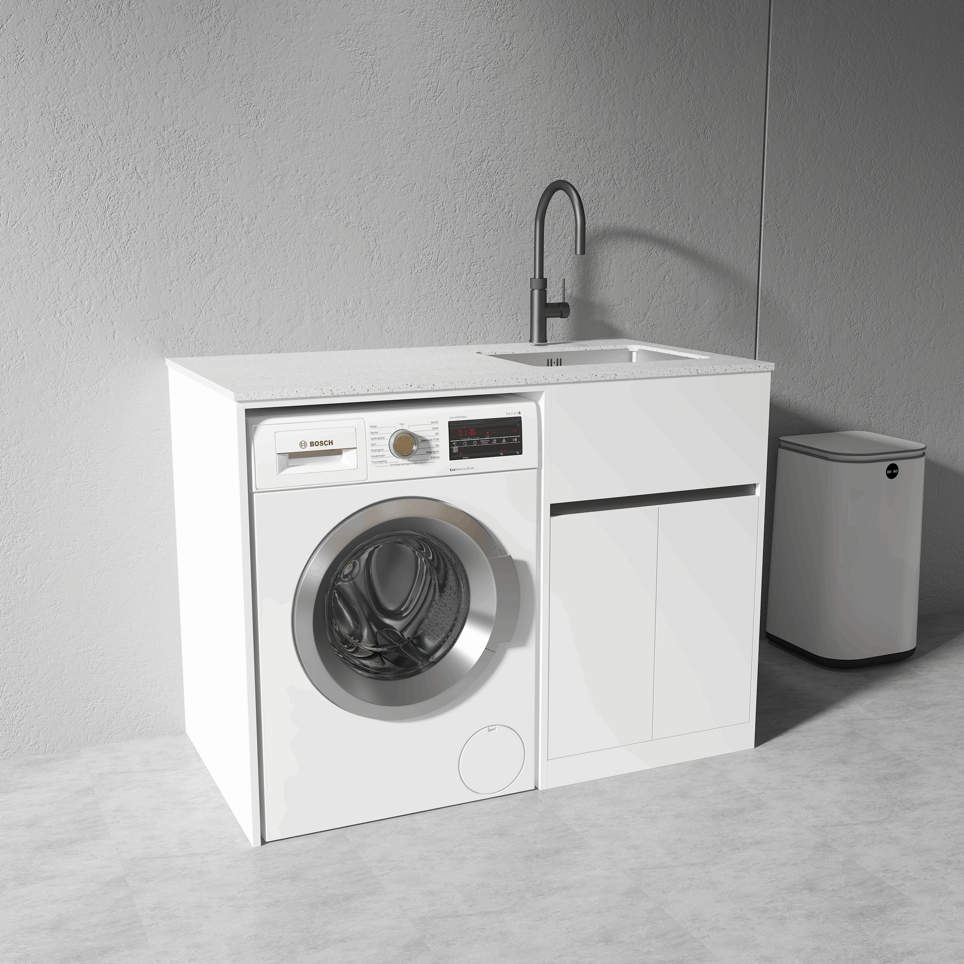 1200MM WHITE PLYWOOD LAUNDRY STATION | STONE BENCHTOP | STAINLESS STEEL SINK