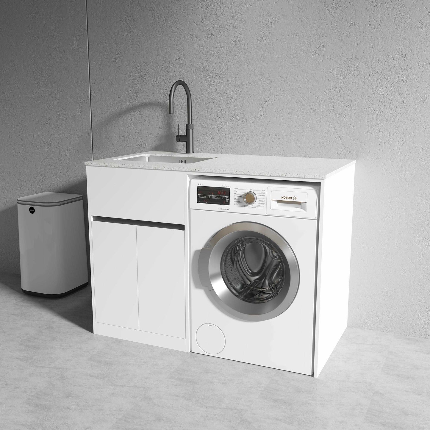 1200MM WHITE PLYWOOD LAUNDRY STATION | STONE BENCHTOP | STAINLESS STEEL SINK