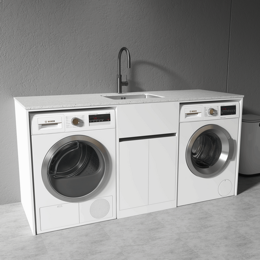 1800MM WHITE PLYWOOD LAUNDRY STATION | STONE BENCHTOP | STAINLESS STEEL SINK