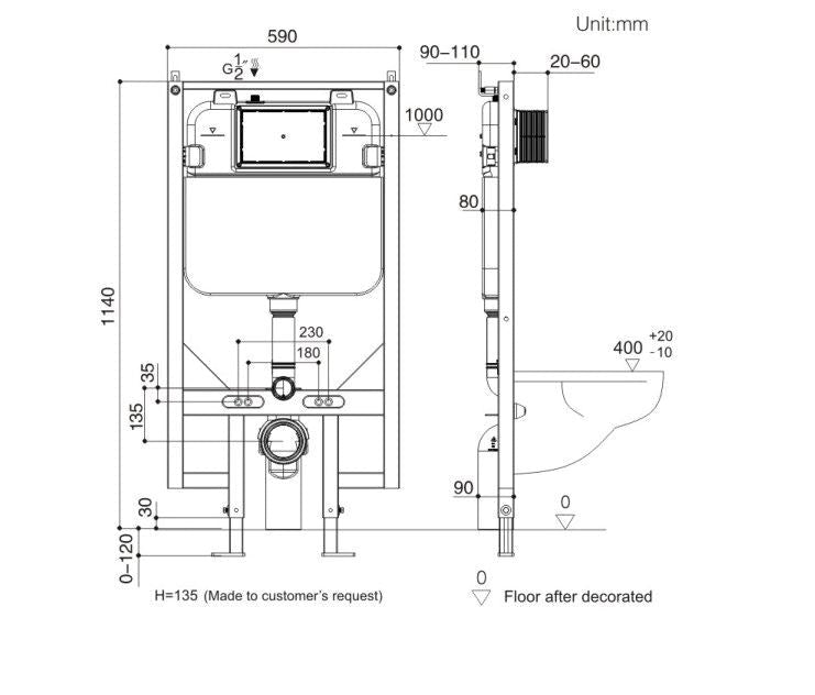 COSIMA-E RIMLESS WALL HUNG TOILET WITH FULL FRAME INWALL CISTERN