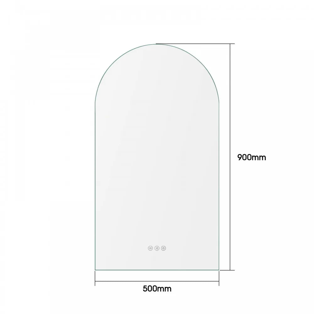 900x500MM ARCH BACKLIT LED MIRROR WITH BLUETOOTH SPEAKER | DEFOGGER | 3 COLOURS LIGHTS