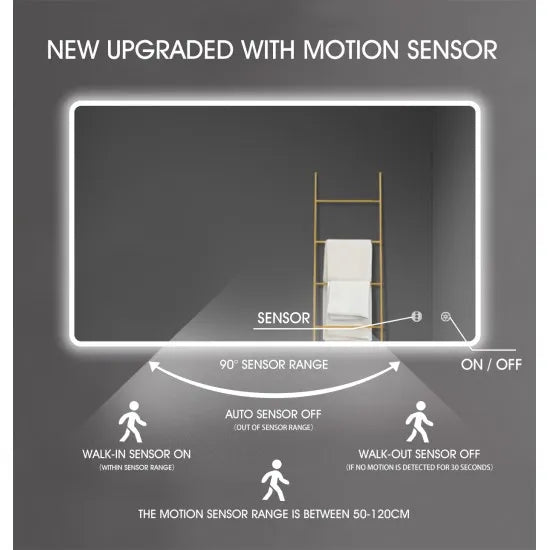 900X750MM RECTANGULAR LED MIRROR WITH MOTION SENSOR | DEMISTER | 3 COLOURS LIGHT