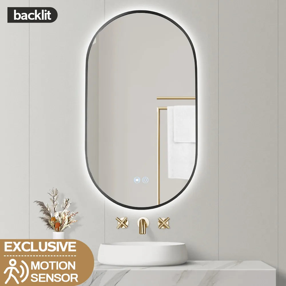 900x500MM METAL FRAME OVAL BACKLIT LED MIRROR WITH MOTION SENSOR | DEFOGGER | 3 COLOURS LIGHTS