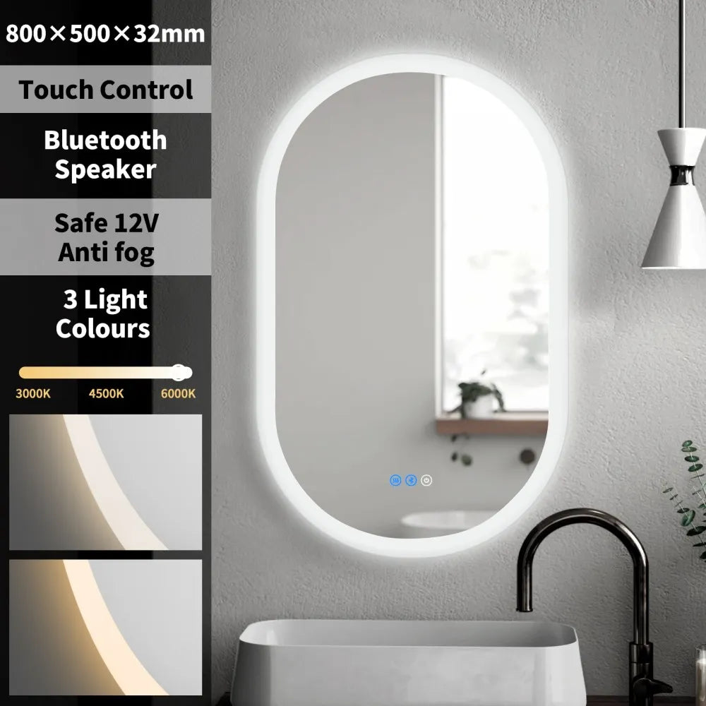 800x500MM OVAL LED MIRROR WITH BLUETOOTH SPEAKER | DEFOGGER | 3 COLOURS LIGHTS