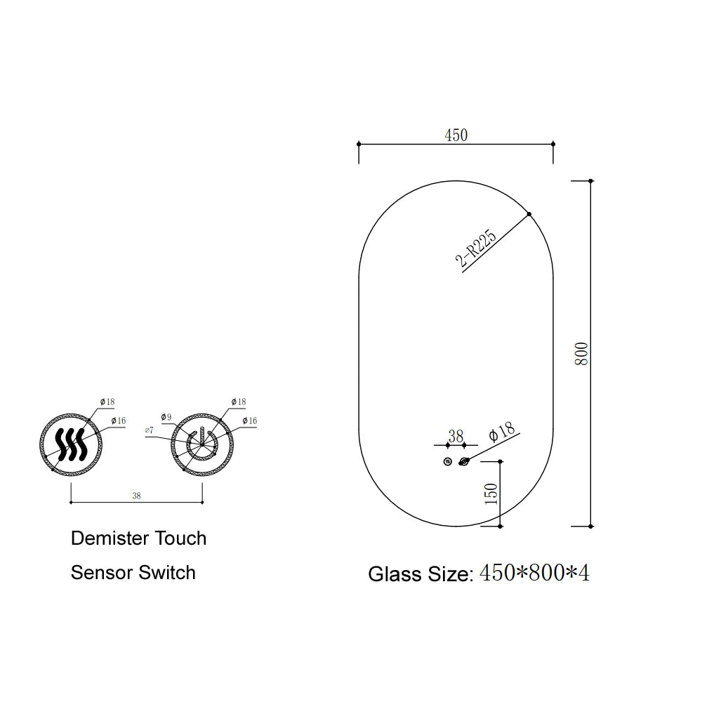 900x450MM PILL SHAPE BACKLIT LED MIRROR WITH TOUCH SENSOR NG| DEFOGGER | 3 COLOURS LIGHTS