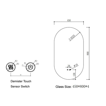 900x450MM PILL SHAPE BACKLIT LED MIRROR WITH TOUCH SENSOR NG| DEFOGGER | 3 COLOURS LIGHTS