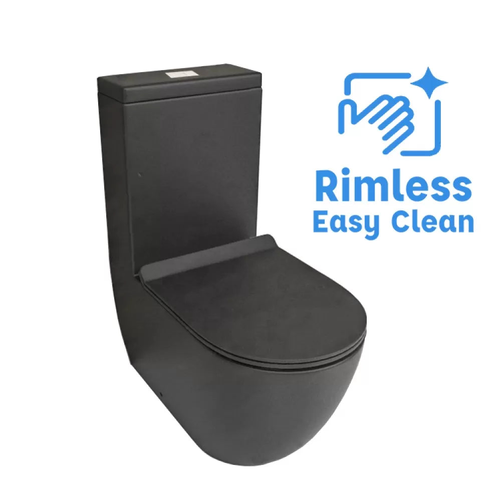 SOHO BLACK CERAMIC RIMLESS BACK TO WALL TOILET SUITE 630x360x830MM